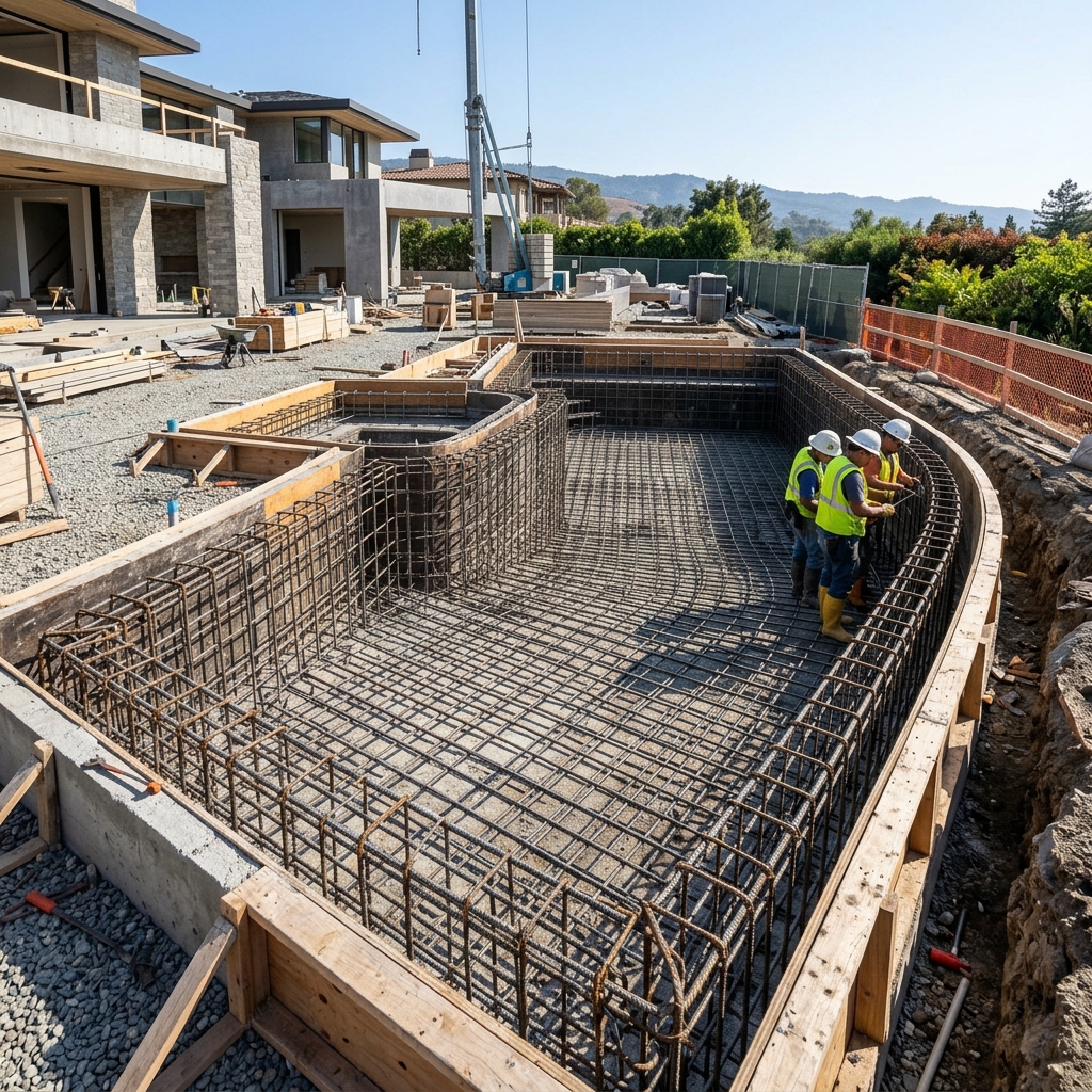 Armação de aço e concretagem em obra de piscina