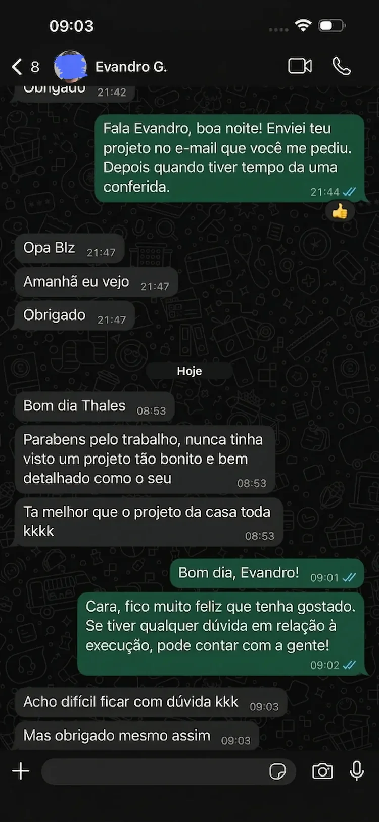 Feedback positivo de cliente sobre projeto hidráulico de piscina — Evandro