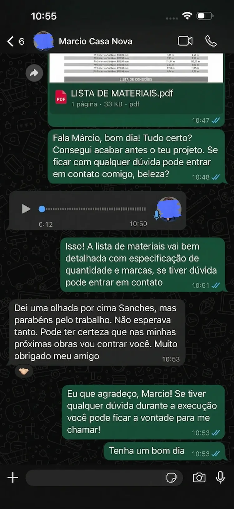Mensagem de sucesso de cliente com projeto estrutural de piscina — Marcio