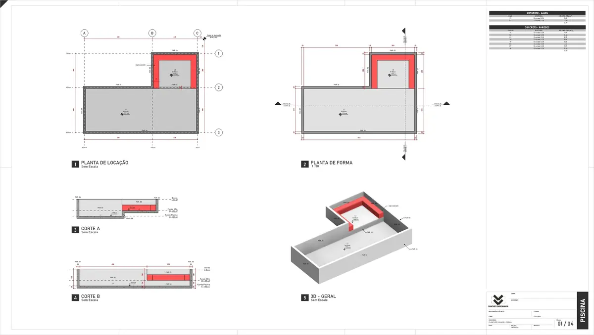 Projeto estrutural de piscina - planta de formas