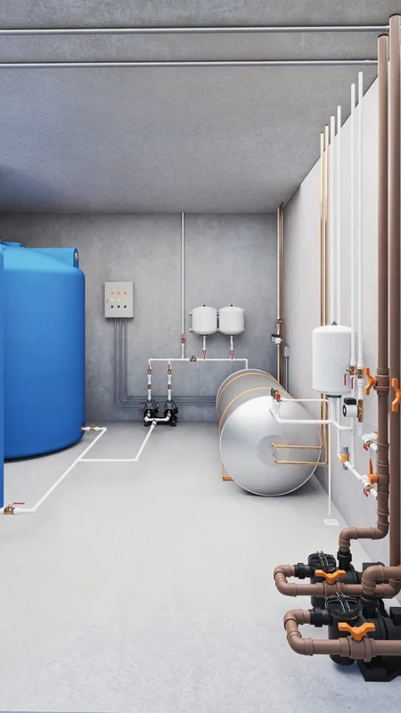 Casa de máquinas de piscina com sistema hidráulico integrado — projeto profissional