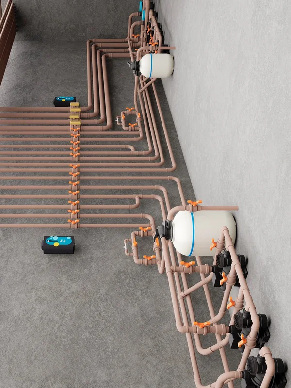 Sistema de tubulação hidráulica em casa de máquinas de piscina